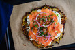 Potato Pancake Topped with Smoked Salmon and Labneh: Latkes topped with nova, capers, red onions, and fresh herbs