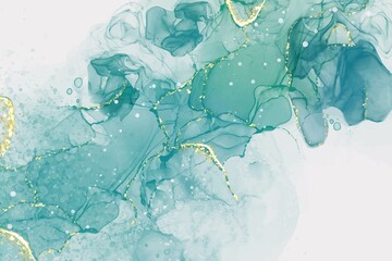 pastel cyan mint liquid marble watercolor background with gold lines and brush stains. teal turquois
