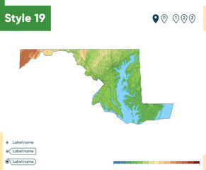 maryland, usa - high detailed physical map. vector map. dem map.