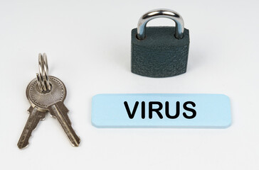 Poster - On a white surface there is a lock, keys and a blue sign with the inscription - Virus