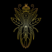A Golden Beetle In A Linear Style. Linear Vector Illustration Of A Golden Beetle.