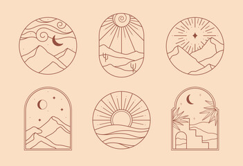 Wall Mural - vector linear boho icons with mountains landscape,desert dunes with cacti,sea.travel emblems with mo