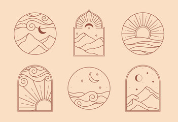 Wall Mural - Vector linear boho icons with mountains landscape,desert,sea.Travel emblems with mountains or sand dunes;sun with sunburst,moon and aurora lights.Modern bohemian symbols in oriental style.