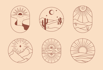 Wall Mural - Vector linear boho emblems with rocky mountains,desert landscapes and mountain range.Travel logos with cliffed coast;aurora,sea,sun,desert dunes;cacti,moon,stars.Modern hiking or camping labels.