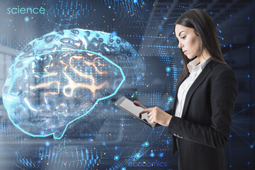 Aufkleber - Attractive young european businesswoman using tablet with creative brain hologram on blurry office interior background. Science, future, technology and AI concept. Double exposure.