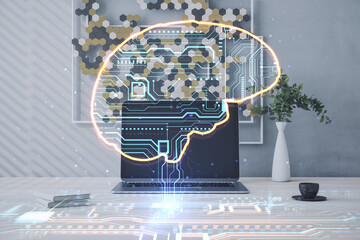Aufkleber - Close up of creative designer desktop with laptop and creative brain hologram on blurry background. Science, future, technology and AI concept. Double exposure.