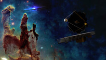 James Webb Telescope Somewhere In Extreme Deep Outer Space Near Pillars Of Creations And Space Dust. Science Fiction Wallpaper. Elements Of This 3D Rendered Illustration Were Furnished By NASA.
