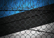 Estonia flag behind barbed wire and metal fence