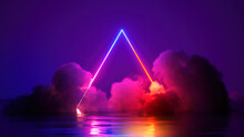 3d Render, Abstract Fantasy Background. Unique Futuristic Wallpaper With Triangular Geometric Shape Glowing With Pink Red Neon Light, Colorful Cloud And Water