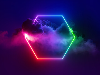 Wall Mural - 3d rendering, abstract neon background with stormy cloud and hexagonal frame glowing with colorful light