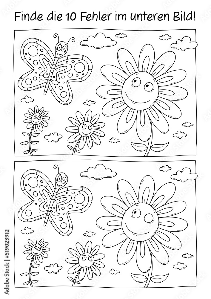 Stock-Illustration „Fehlerbild Ausmalbild Sommer Frühling Schmetterling