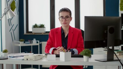 Poster - Portrait of project manager with startup job working on business research, planning financial strategy with charts and graphs. Office employee using marketing statistics for development.