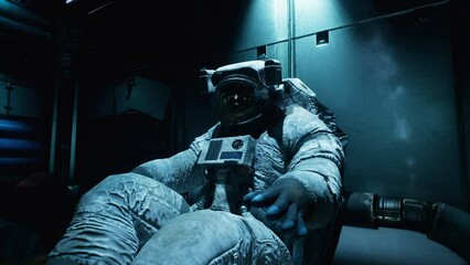Wall Mural - an astronaut lies in the room of a spaceship that crashed. concept of a surviving astronaut from a c