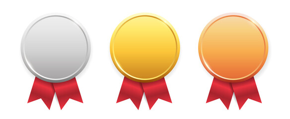 Wall Mural - Sports medals. Golden silver bronze medal with red ribbon. Champion winner awards. Vector isolated template