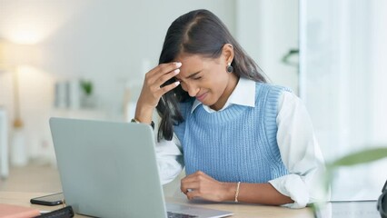 Aufkleber - An overworked business woman with a headache while working in her office. A tired or stressed corporate female in pain at the workplace. A young entrepreneur suffering from fatigue