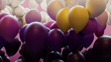 Colorful Birthday Wallpaper, With Magenta, Yellow And Cream Balloons. 3D Render.
