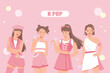A group of female idols dressed in pink are standing in a lovely pose. flat design style vector illustration.