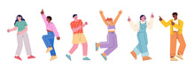 People Are Dancing Happily. Characters With Big Hands And Feet. A Tall And Small Head Character. Flat Design Style Vector Illustration.