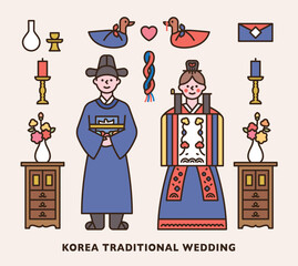 Poster - Korean traditional wedding. Groom and bride characters in Korean traditional wedding clothes. Traditional wedding items. flat design style vector illustration.