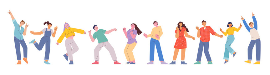 Fototapete - People in casual style are dancing. A tall and small head character. flat design style vector illustration.