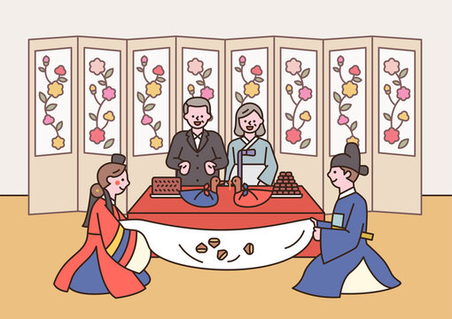 Korean traditional wedding. The bride and groom are sitting in front of their parents and listening to congratulations. flat design style vector illustration.