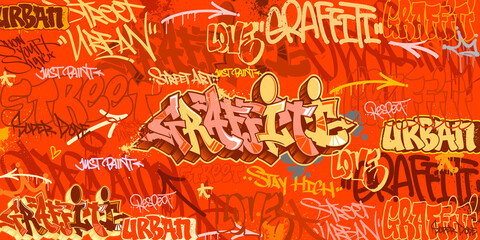 Graffiti background with throw-up and tagging hand-drawn style. Street art graffiti urban theme for prints, banners, and textiles in vector format.