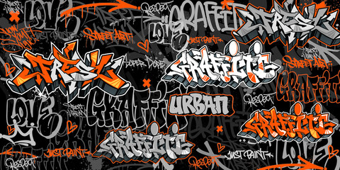 Wall Mural - Graffiti background with throw-up and tagging hand-drawn style. Street art graffiti urban theme for prints, banners, and textiles in vector format.