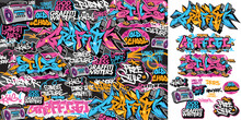 A Set Of Colorful Graffiti Art Sticker Illustrations. Cool Graffiti Sticker For Background, Print, And Textile. Street Art Urban Theme