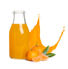 Tasty tangerine juice and fresh ripe fruits on white background