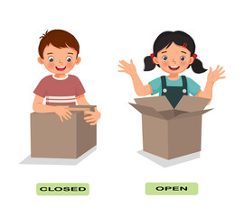 Wall Mural - Opposite adjective antonym English words open closed illustration for kids explanation flashcard with text label