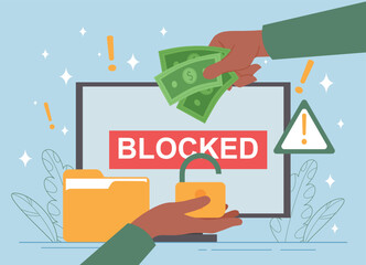 Poster - Ransomware virus on computer. Hand holds money to give them for key to unlock folder with user data. Information security and protection against hacker cyberattacks. Cartoon flat vector illustration