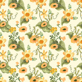 Fototapeta Dinusie - Yellow Floral and Leaves Seamless Pattern