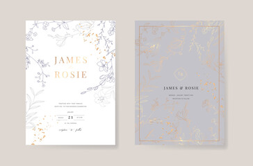 minimal gray wedding invitation, floral invite thank you, rsvp modern card design with golden line d