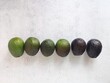 Avocados of varying degrees of maturity, from green to brown, top view, white background