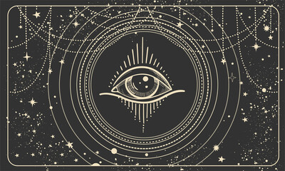 Wall Mural - Esoteric banner with an all-seeing eye in a frame, black vector background for numerology, future prediction, tarot, esoterics. Modern flat illustration, vintage boho design.