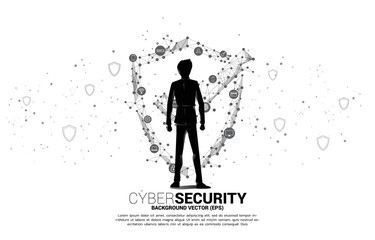 Poster - Vector Silhouette of businessman with Protection shield icon from dot connect line polygon network. concept of guard security and safety