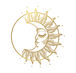 Wall Mural - beautiful golden shining crescent moon with rays and face, boho illustration, stylized vintage desig
