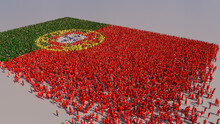 A Crowd Of People Congregating To Form The Flag Of Portugal. Portuguese Banner On White.
