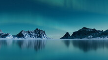 Beautiful Sky With Aurora And Stars. Blue Northern Lights Banner With Copy-space.