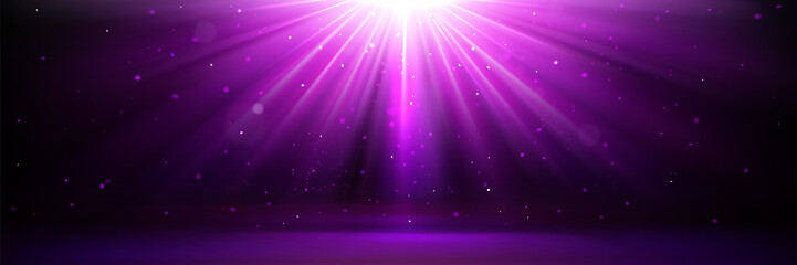 Poster - magic background with purple light rays effect. vector realistic illustration of star burst, disco s
