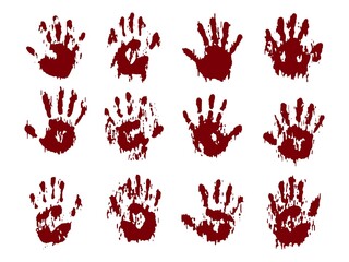 Fototapeta blood horror hands set. scary bloody handprints and murder, splatter marks, violence fingerprints or imprints collection. abstract dirt bloodstains. isolated on white vector background