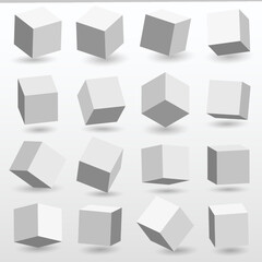 Poster - 3D block cube with shadows. Object render in perspective for white logo. Abstract box angles. Square shapes set. Minimal cubic forms side view. Solid structure. Vector icon background
