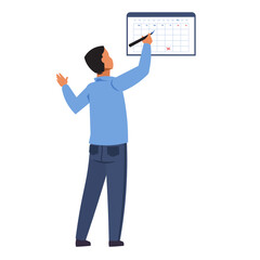 Poster - Man marks day on calendar. Time management. Businessman scheduling work week. Agenda and business appointments. People make note. Office worker planning tasks. Vector job organization