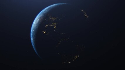 Wall Mural - Transition from day to night. Zoom in on the planet earth with the camera lens. Cinematic Sunrise and city lights view from the space. Space travel and exploration concept