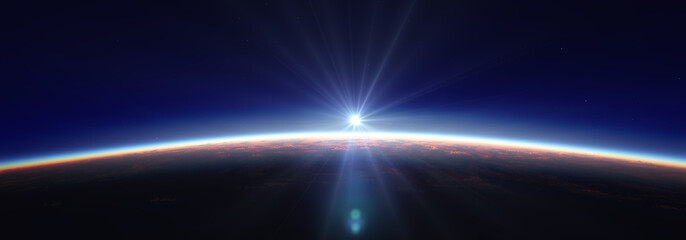 Canvas Print - Earth sunrise from space over cloudy ocean. 3d rendering