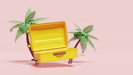 Wall Mural - 3d animation, yellow open suitcase empty with palm tree isolated on blue background. summer travel concept, 3d render illustration