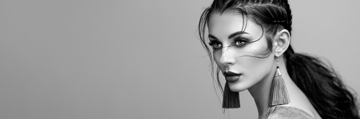 Wall Mural - brunette girl with perfect makeup. beautiful model woman with curly hairstyle. care and beauty hair 