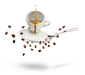 Sticker - cup of coffee with coffee beans, saucer, and spoon floating on white background.