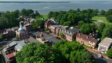 Delaware River. Aerial Pullback Reveals Historic New Castle Delaware USA.