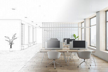 Hand drawn sketch of modern concrete and wooden coworking office interior with window and city view, furniture and equipment. Refurbishment and design concept. 3D Rendering.